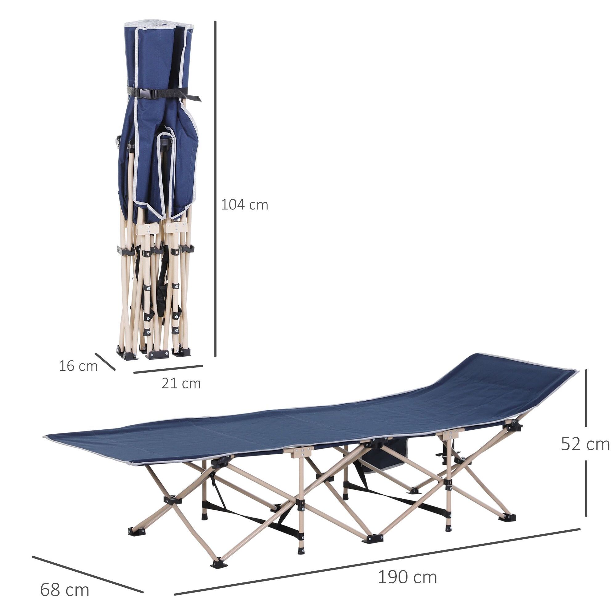 Cama de Camping Plegable Cama de Acampada con 1 Bolsillo Lateral Bolsa de Transporte y Marco de Acero Carga 150 kg para Playa Senderismo 190x68x52 cm Azul