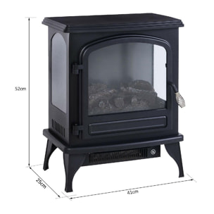 Cheminée électrique poêle style néo-rétro 975-1950 W simulation flammes LED porte noir