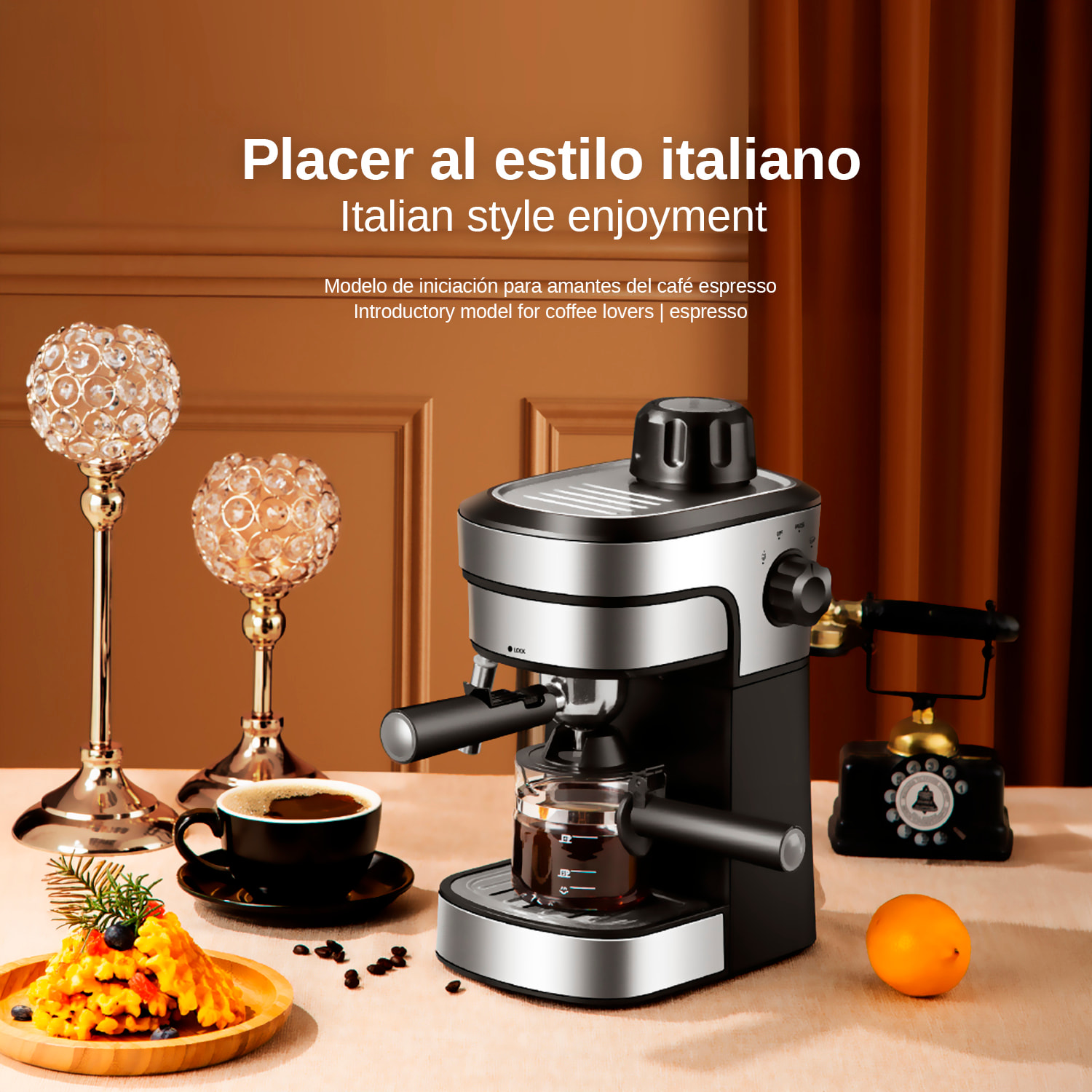 Cafetera espresso de 800 W y 3.5 bar de presión con capacidad de 240 ml. Incluye jarra de cristal con marcas de medida y varilla de vapor.
