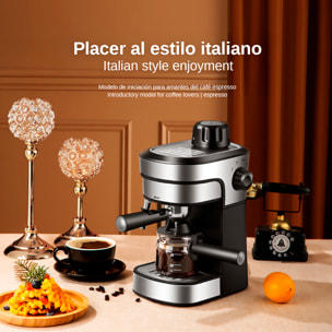 Cafetera espresso de 800 W y 3.5 bar de presión con capacidad de 240 ml. Incluye jarra de cristal con marcas de medida y varilla de vapor.