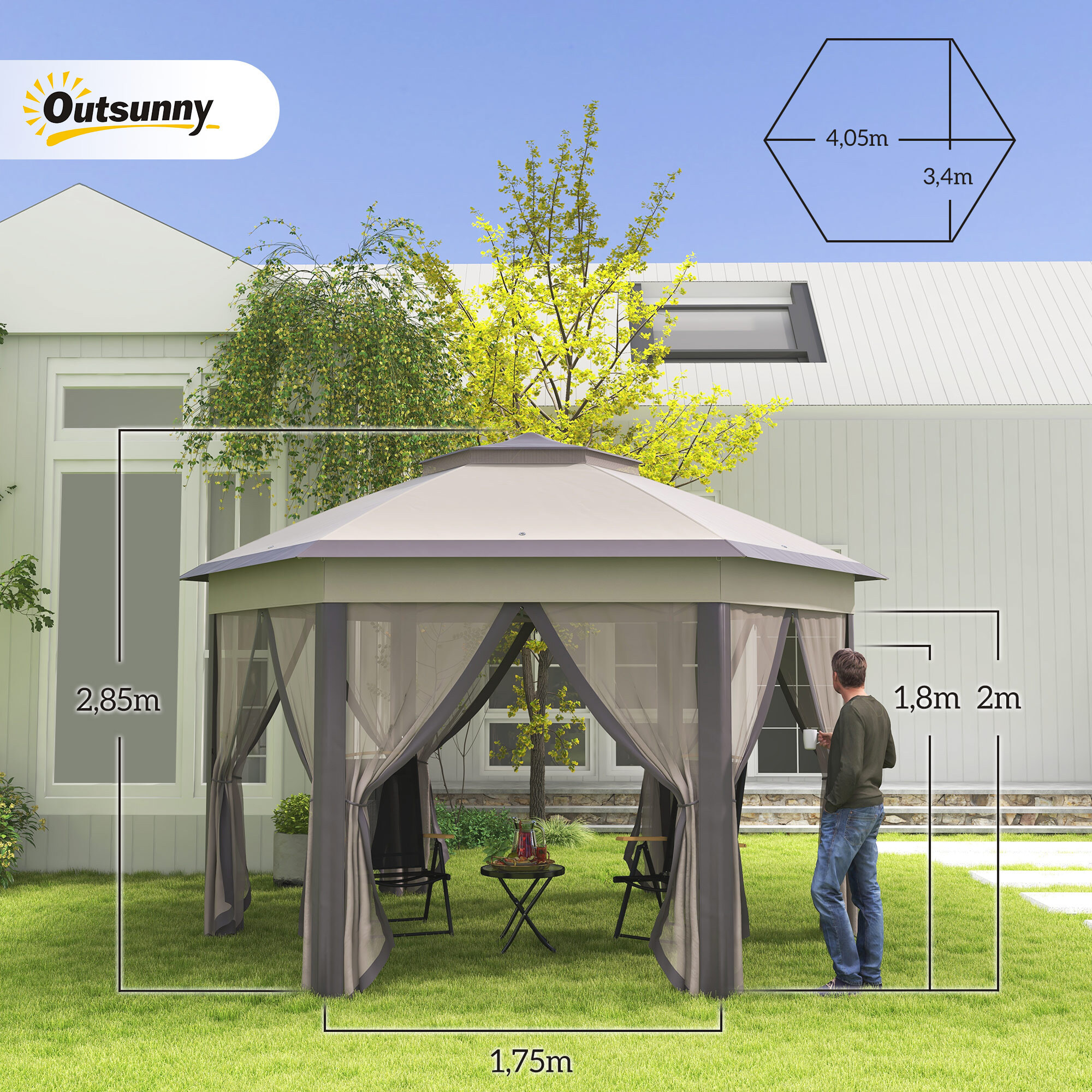 Carpa Plegable 4x3,4 m, Cenador de Jardín Hexagonal con Doble Techo, 6 Mosquiteras Extraíbles y Bolsa de Transporte, Impermeable, Anti-UV para Exterior, Fiestas, Marrón y Beige