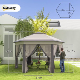Carpa Plegable 4x3,4 m, Cenador de Jardín Hexagonal con Doble Techo, 6 Mosquiteras Extraíbles y Bolsa de Transporte, Impermeable, Anti-UV para Exterior, Fiestas, Marrón y Beige