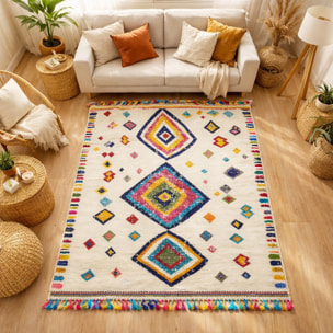 Tapis Mevo crème et multicolore motif traditionnel berbère