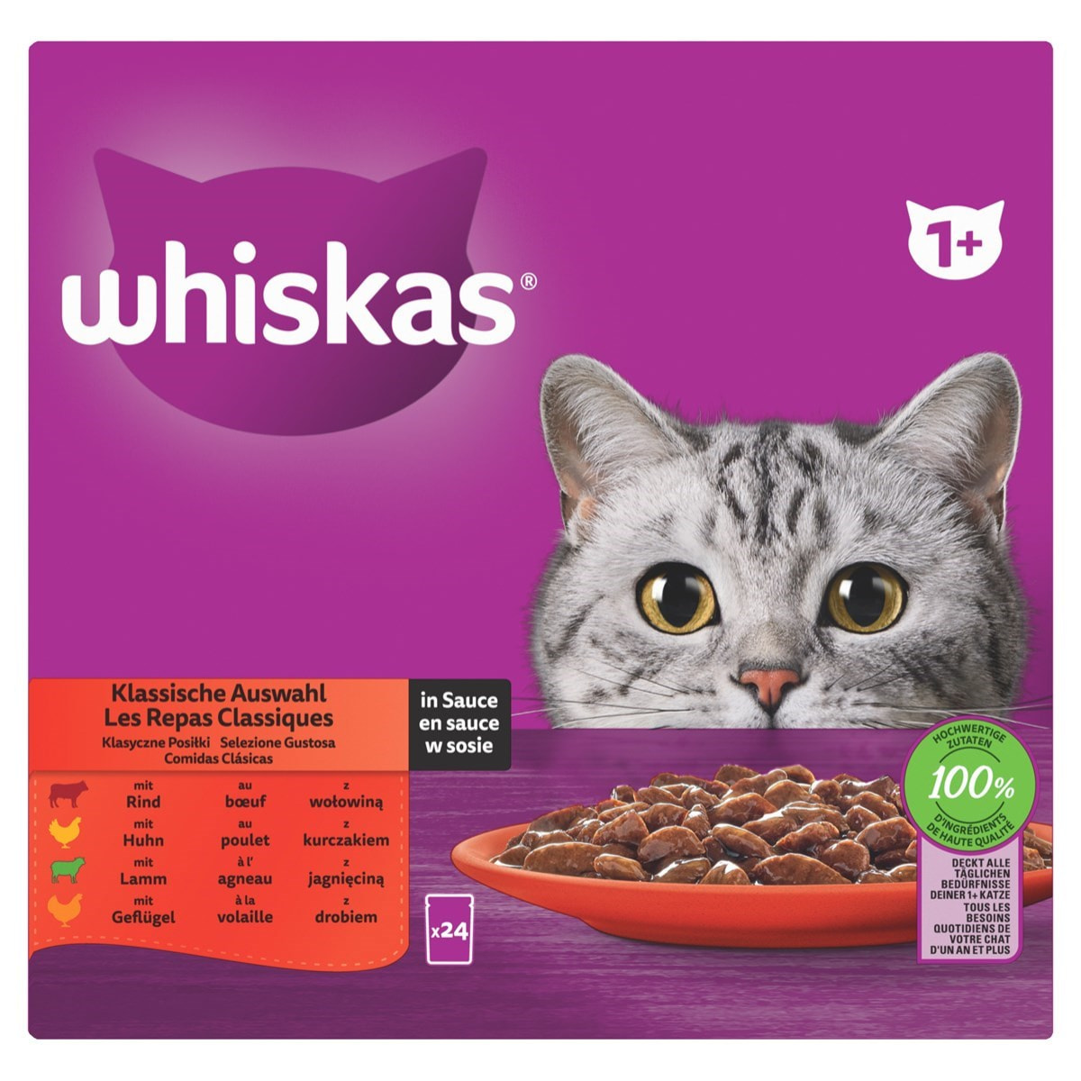 WHISKAS 48 Sachets fraîcheur en sauce 4 variétés classiques pour chat 85g (2x24)