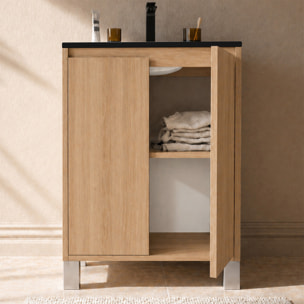 Meuble de Salle de Bains 50cm 2 portes Chêne Clair, Vasque Noire et Miroir Cadre Noir 50x70 - XENOS