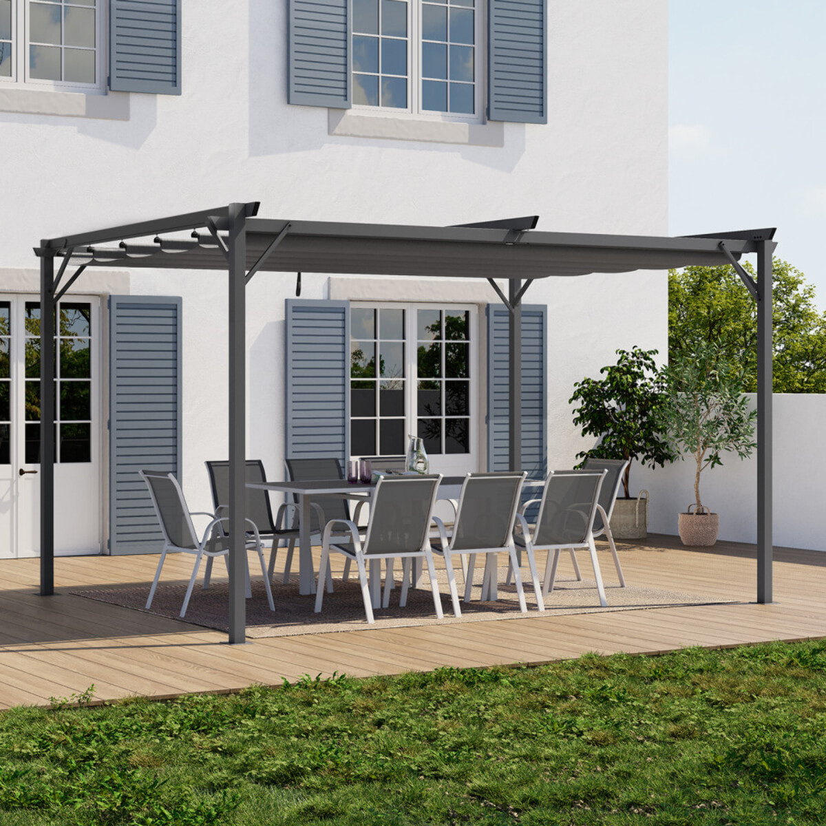 Pergola Marina en acier et toit rétractable gris 3x4m - Structure gris anthracite, toile et stores gris anthracite