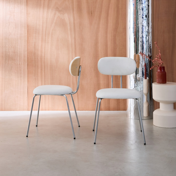 2 chaises décor bois courbé teinté chêne et tissu déperlant blanc. pieds métal chromé - L 45 x P 55 x H 80cm - Erin