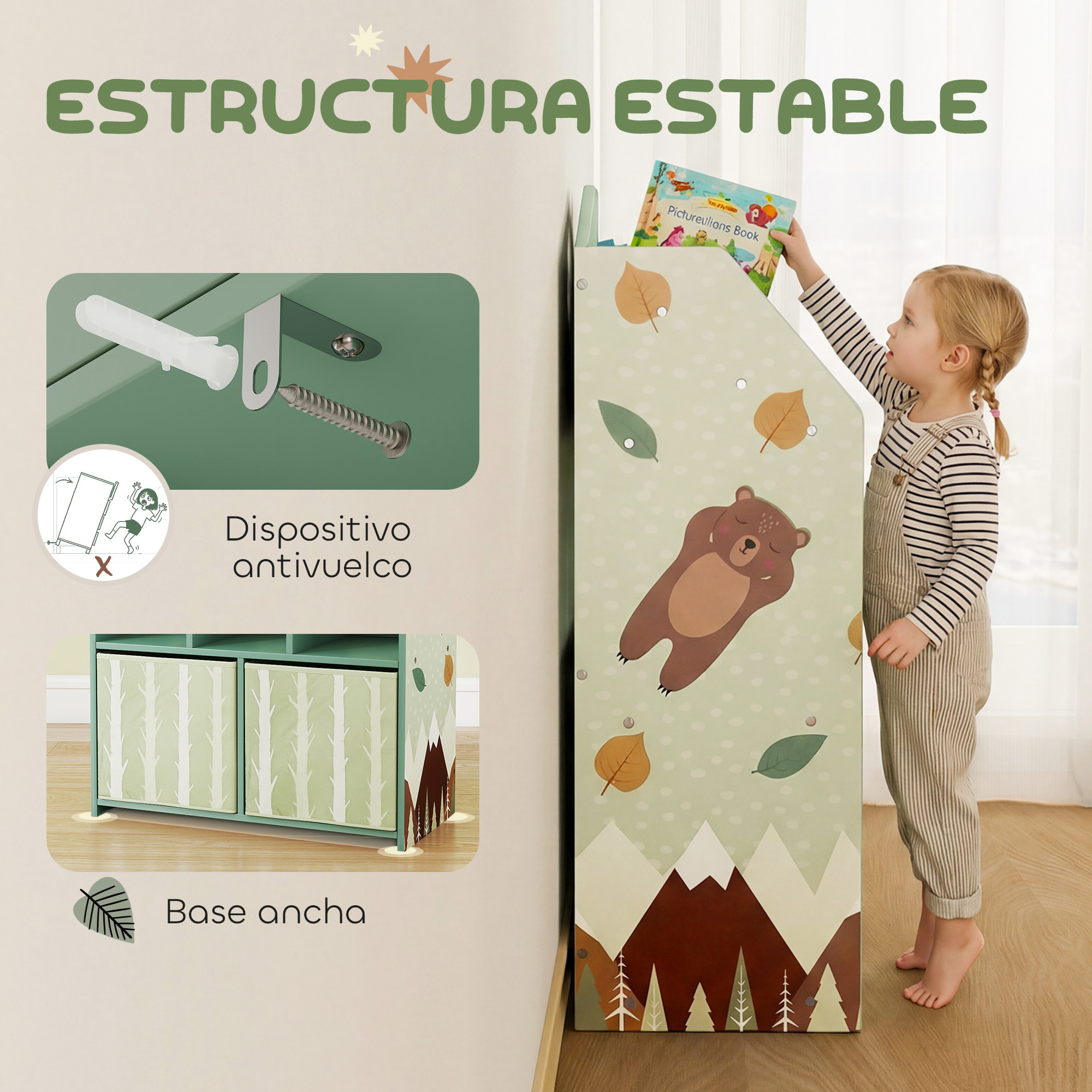Estantería Infantil para Juguetes con Cajones de Tela, Estantes Abiertos, Diseño de Ositos, Organizador de Juguetes para Dormitorio, Sala de Juegos, Guardería, Verde