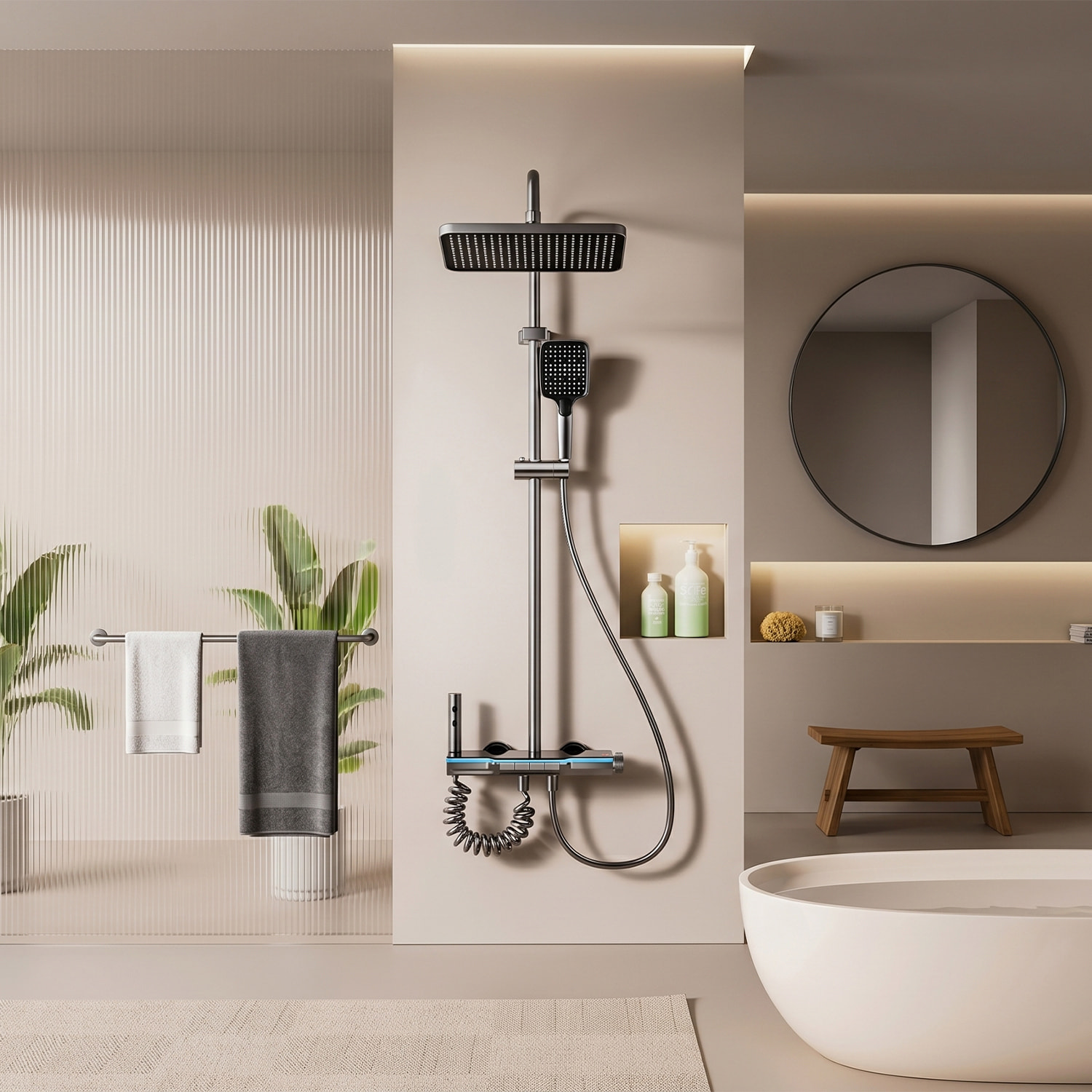 Set doccia completo Y3 montato a parete. Con display digitale e molteplici modalità d'acqua, con miscelatore, illuminazione ambientale e controllo preciso.