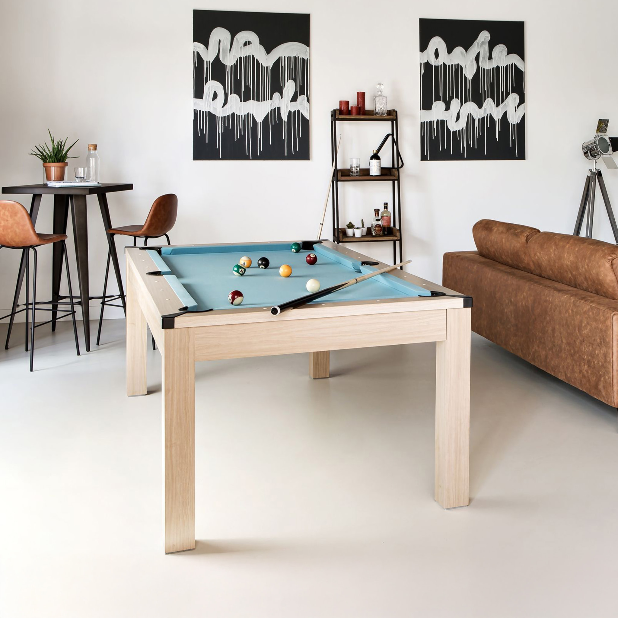Table de billard convertible bois clair tapis bleu clair - Eddie