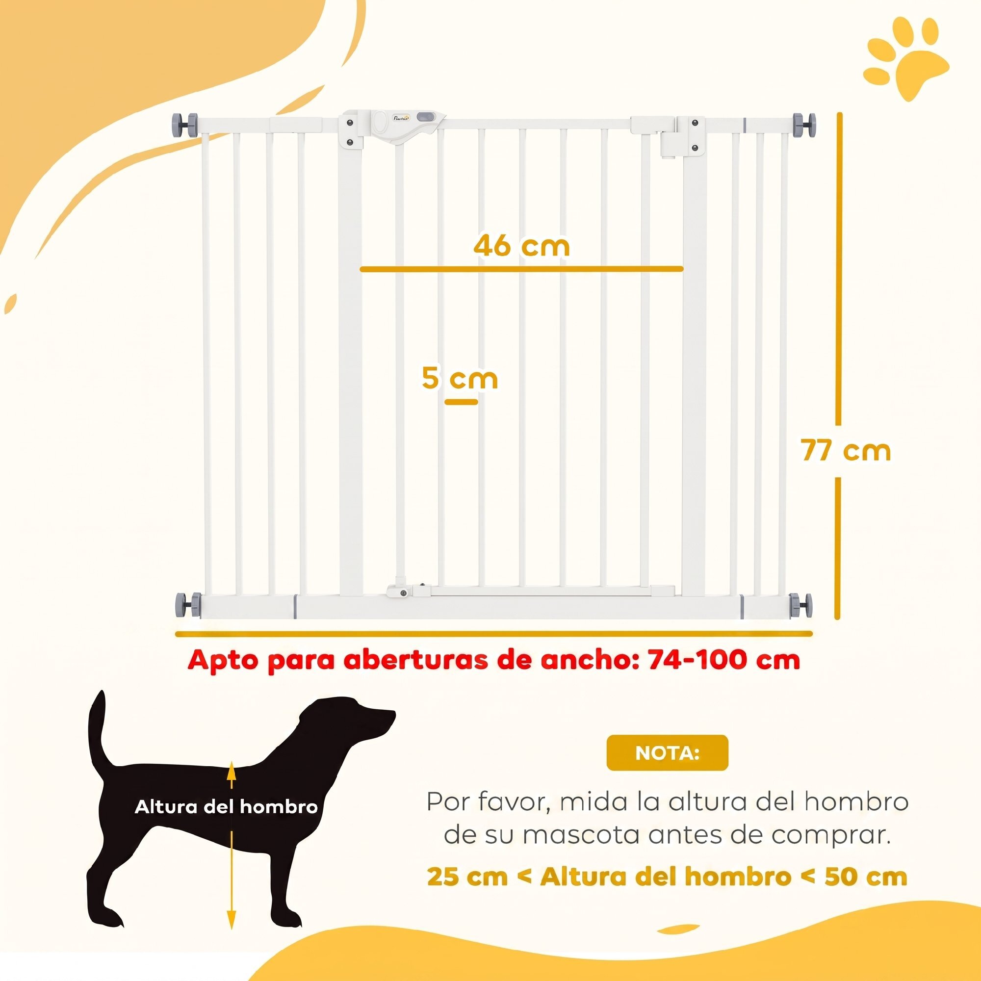 Barrera de Seguridad para Perros Extensible 74-100 cm, para Puertas y Escaleras, Barrera para Perros Medianos, Cierre Automático Montaje a Presión Doble Bloqueo 2 Extensiones 7/14 cm, Blanco