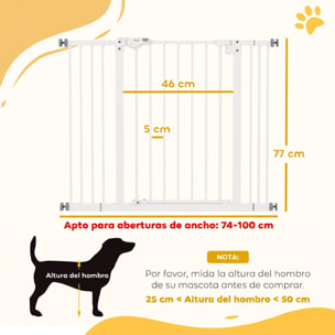 Barrera de Seguridad para Perros Extensible 74-100 cm, para Puertas y Escaleras, Barrera para Perros Medianos, Cierre Automático Montaje a Presión Doble Bloqueo 2 Extensiones 7/14 cm, Blanco