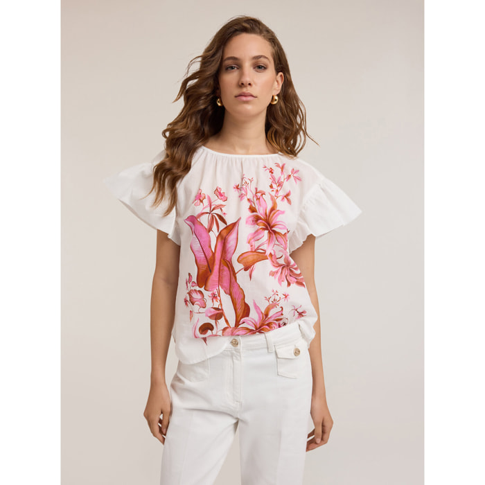 Motivi - Blusa de algodón con estampado floral - Blanco