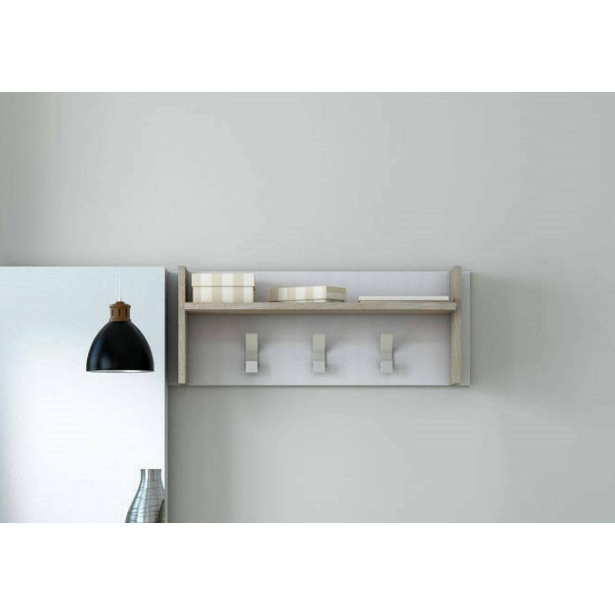 Mobile da ingresso Angry, Mobile appendiabiti con 3 ganci, Mensola portaoggetti da ingresso, 100% Made in Italy, 90x29h34 cm, Bianco e Rovere