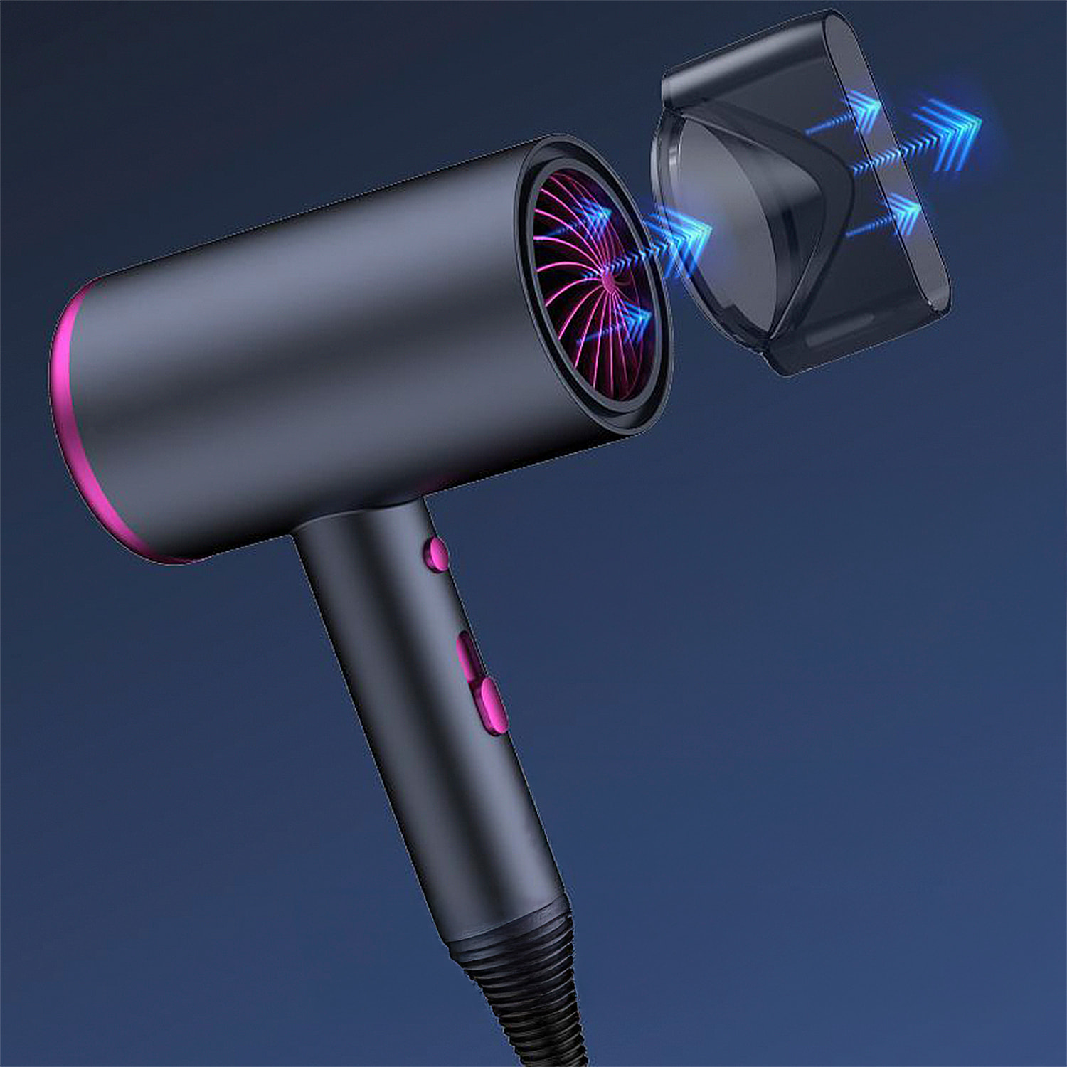 Secador con iones negativos, 1000W de potencia, 3 niveles de temperatura y 2 niveles de velocidad.