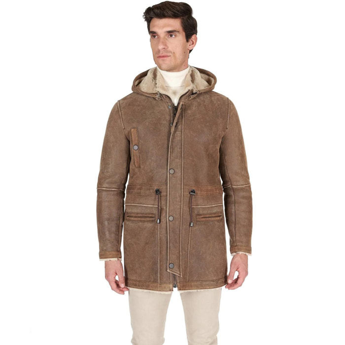 Cappotto Montone Shearling color fango con cappuccio staccabile