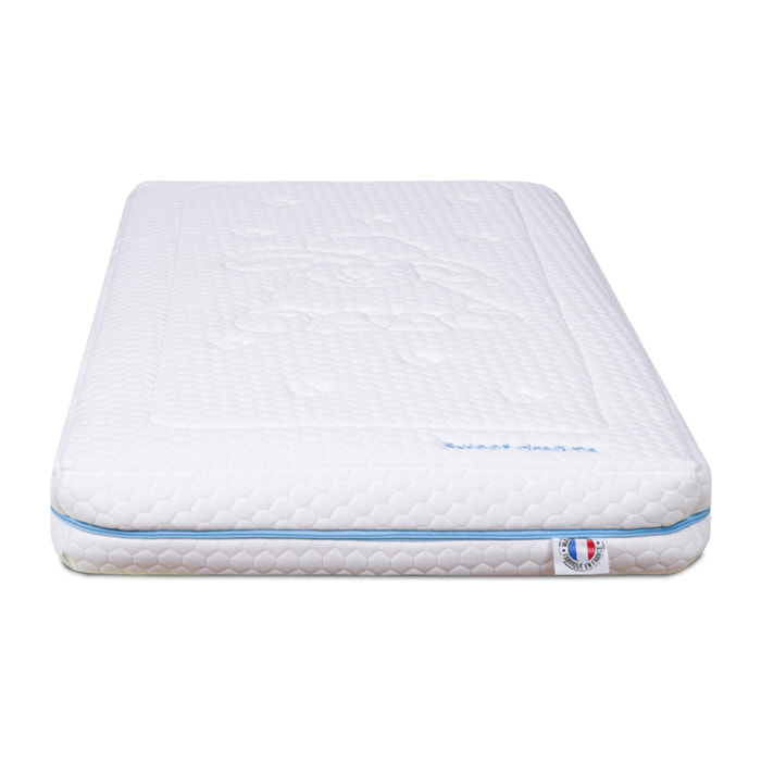 Matelas Enfant Ourson, glissière Bleu, 14 cm, Mousse Haute Densité Supersoft, Déhoussable, Soutien Medium, Fabrication Française, CertiPUR Oeko-Tex