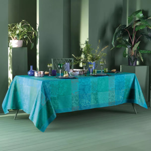 Nappe pur coton enduit motif jacquard vert Mille rameaux emeraude