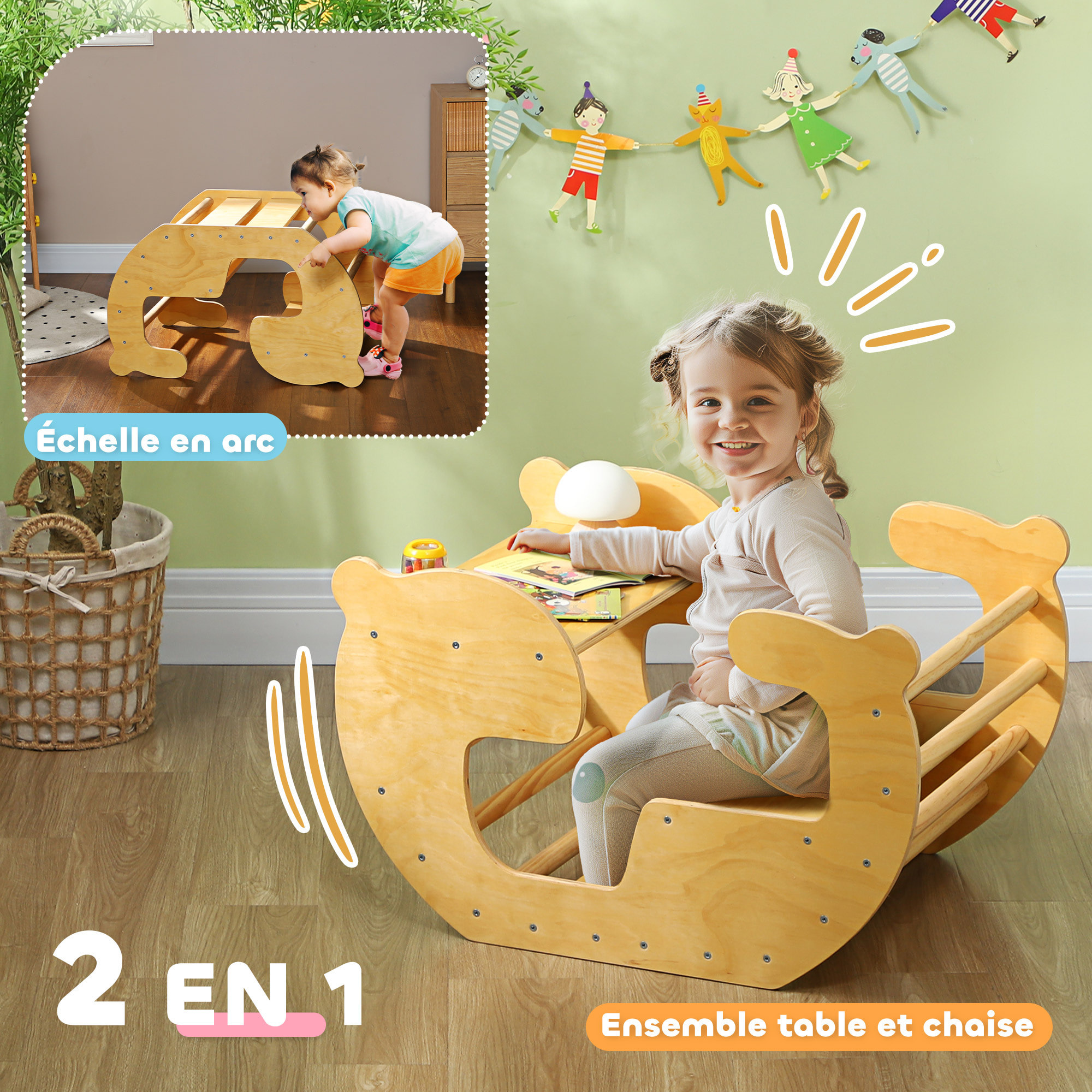 Arche d'escalade enfant bureau 2 en 1 bois pin naturel