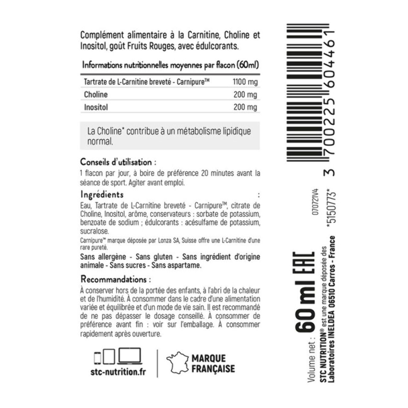 STC NUTRITION - Kill-Fit Shot - Concentré brûle-graisses et énergie - Perte de masse grasse et séchage - L-Carnitine + Choline + Guarana - Goût Fruits rouges -  Flacon de 60ml