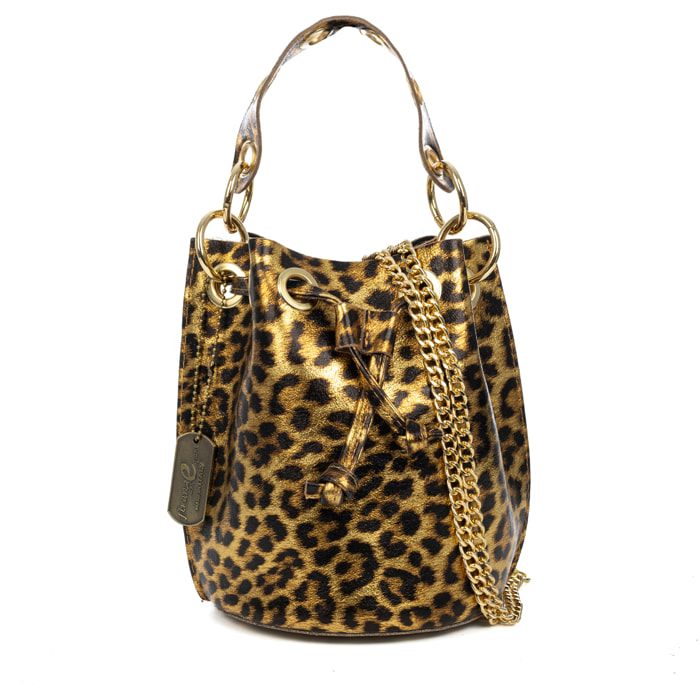 Primavera borsa a mano donna. Pelle scamosciata autentica con stampa animalier leopardata e finitura lucida.