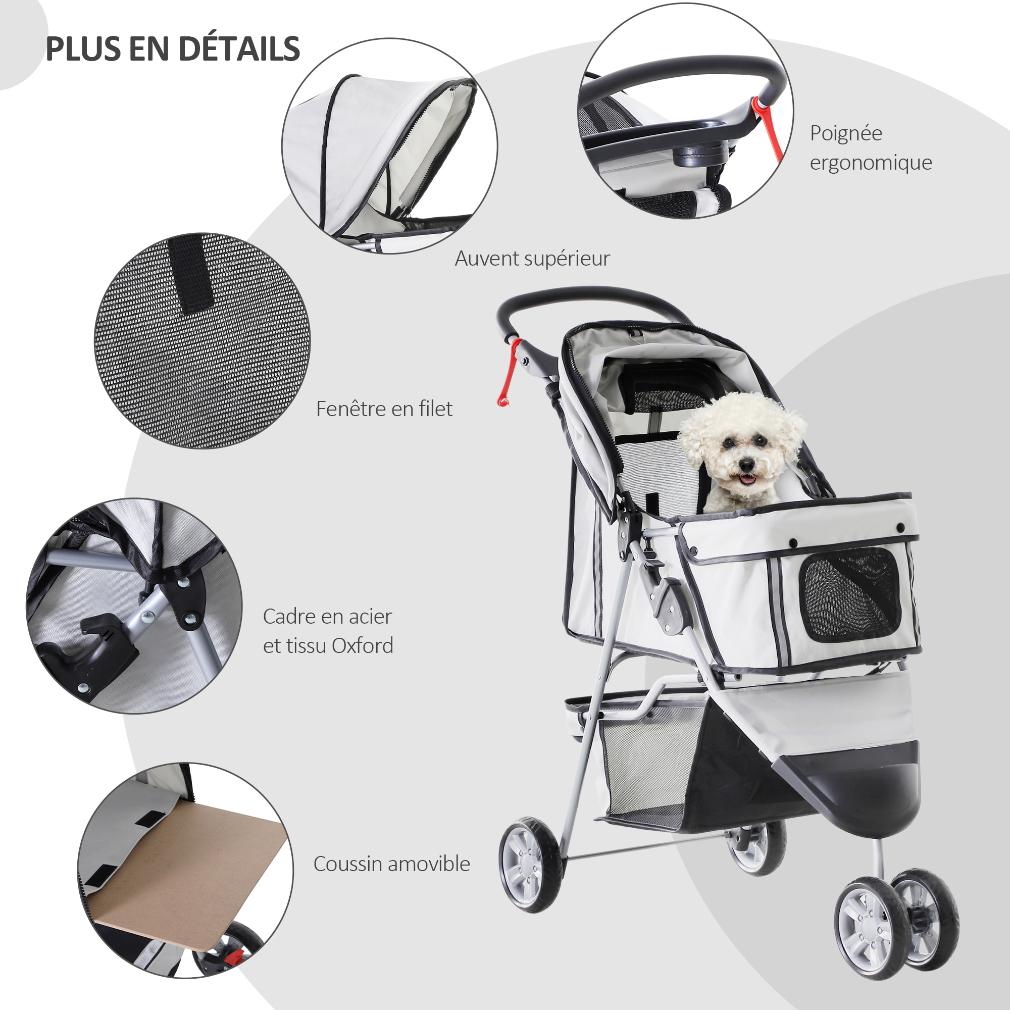 Poussette buggy pliable animaux chariot pliant chien chat porte-gobelet panier de rangement inclus roues avec frein tissu 600D Oxford métal gris