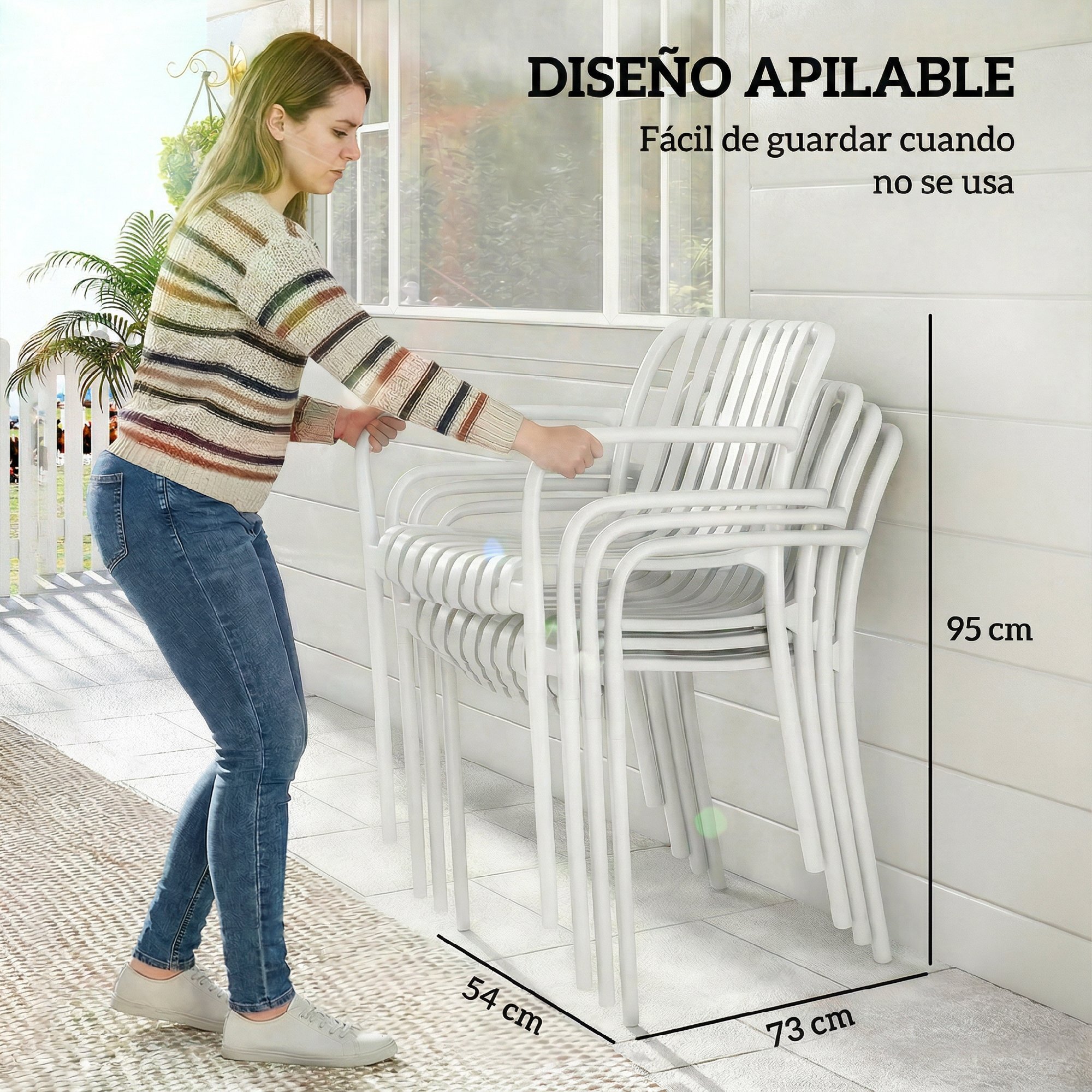 Juego de 4 Sillas de Jardín Exterior Apilables, Sillas Terraza Exterior de PP con Respaldo Curvado, Asiento de Listones, Reposabrazos, 55x58,5x81,5 cm, Blanco