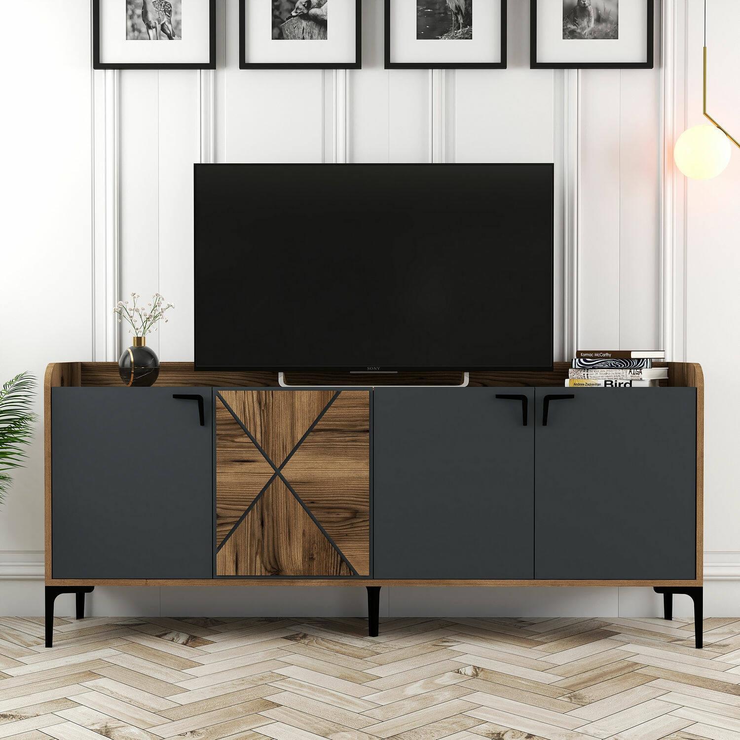 Credenza Dilici, Buffet da soggiorno, Madia da salotto, Dispensa da cucina, 180x35h78 cm, Noce e Antracite