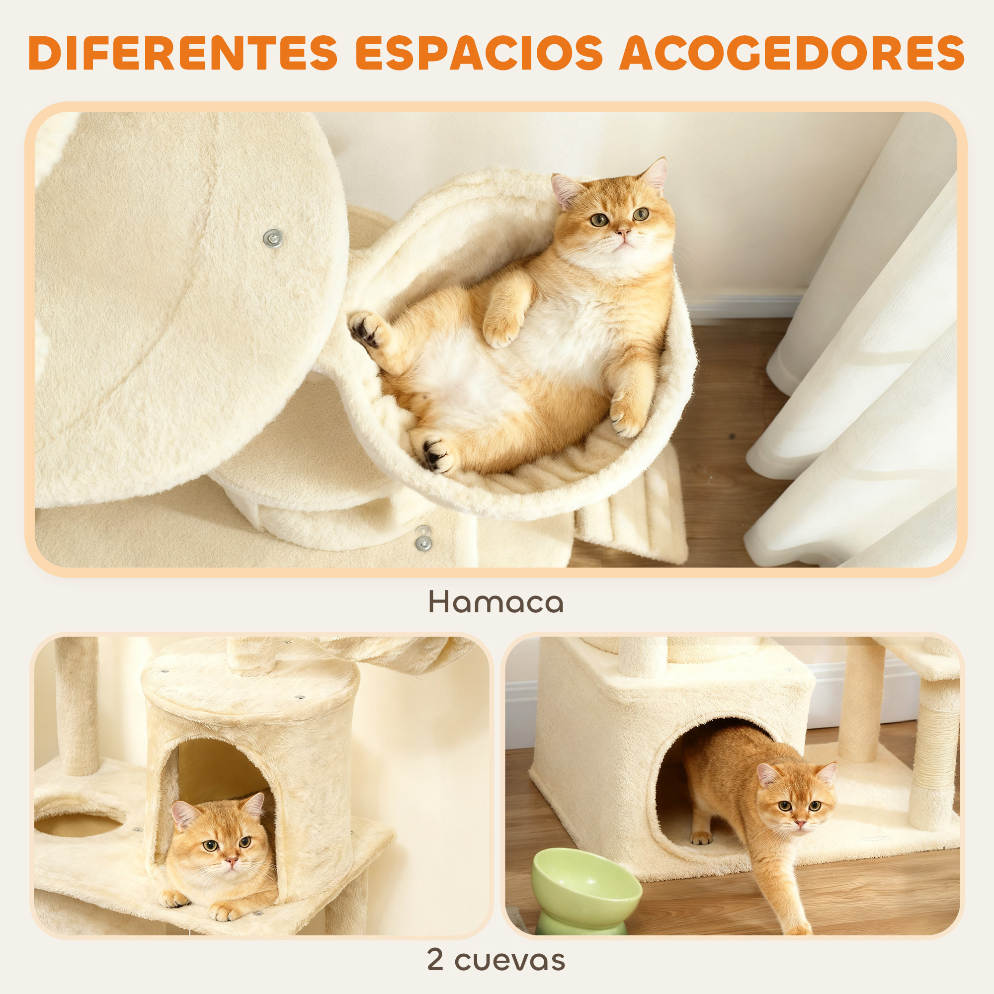 Árbol Rascador para Gatos Grande, Árbol para Gatos, Altura 170 cm, Torre de Escalada con 7 Postes, 1 Túnel, 3 Plataformas, 2 Cuevas, 1 Hamaca, 1 Percha, 1 Rampa, Pompones, Beige
