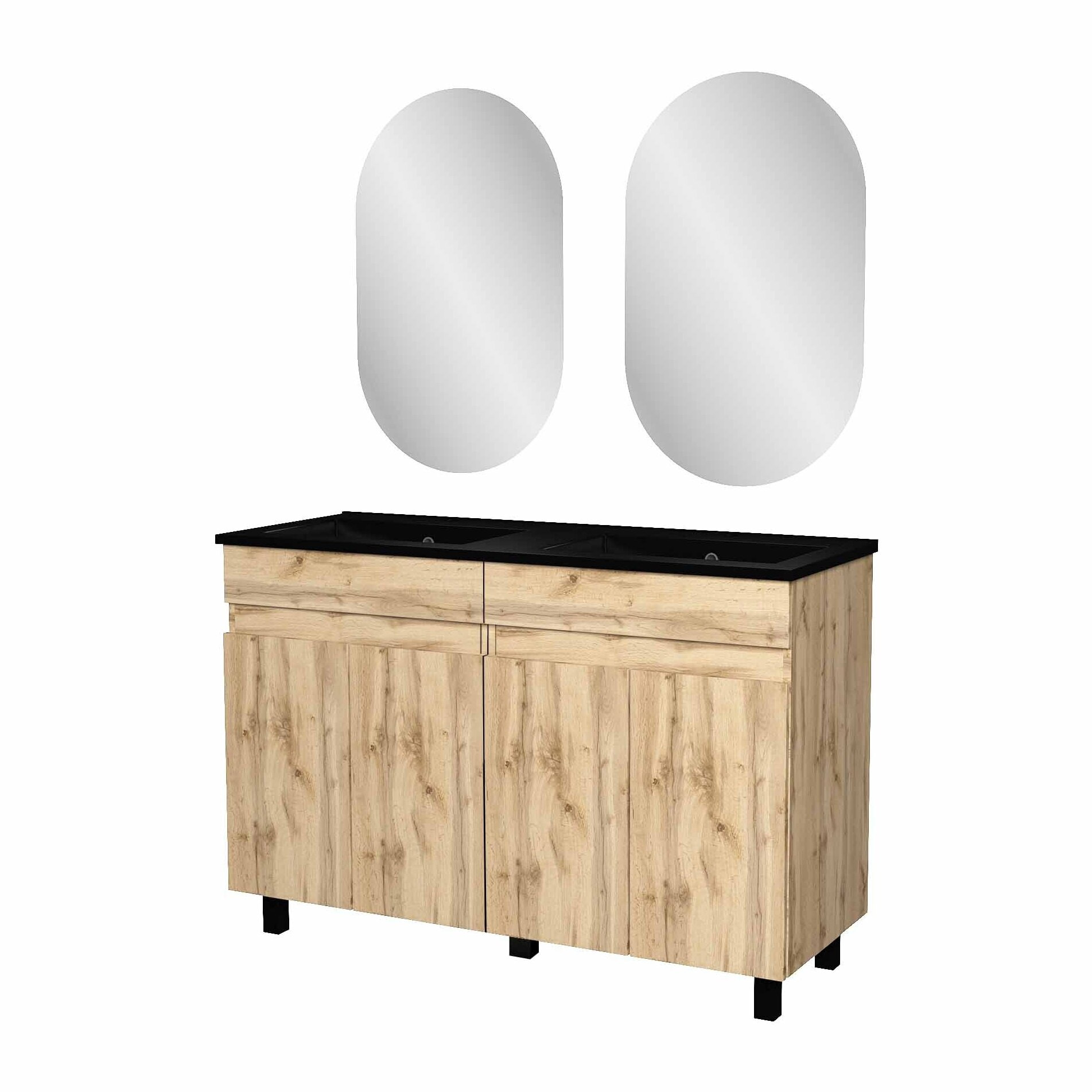 Meuble Salle de Bains 120cm 4 Portes Chêne Naturel + Vasque Noire et Miroirs Ovales