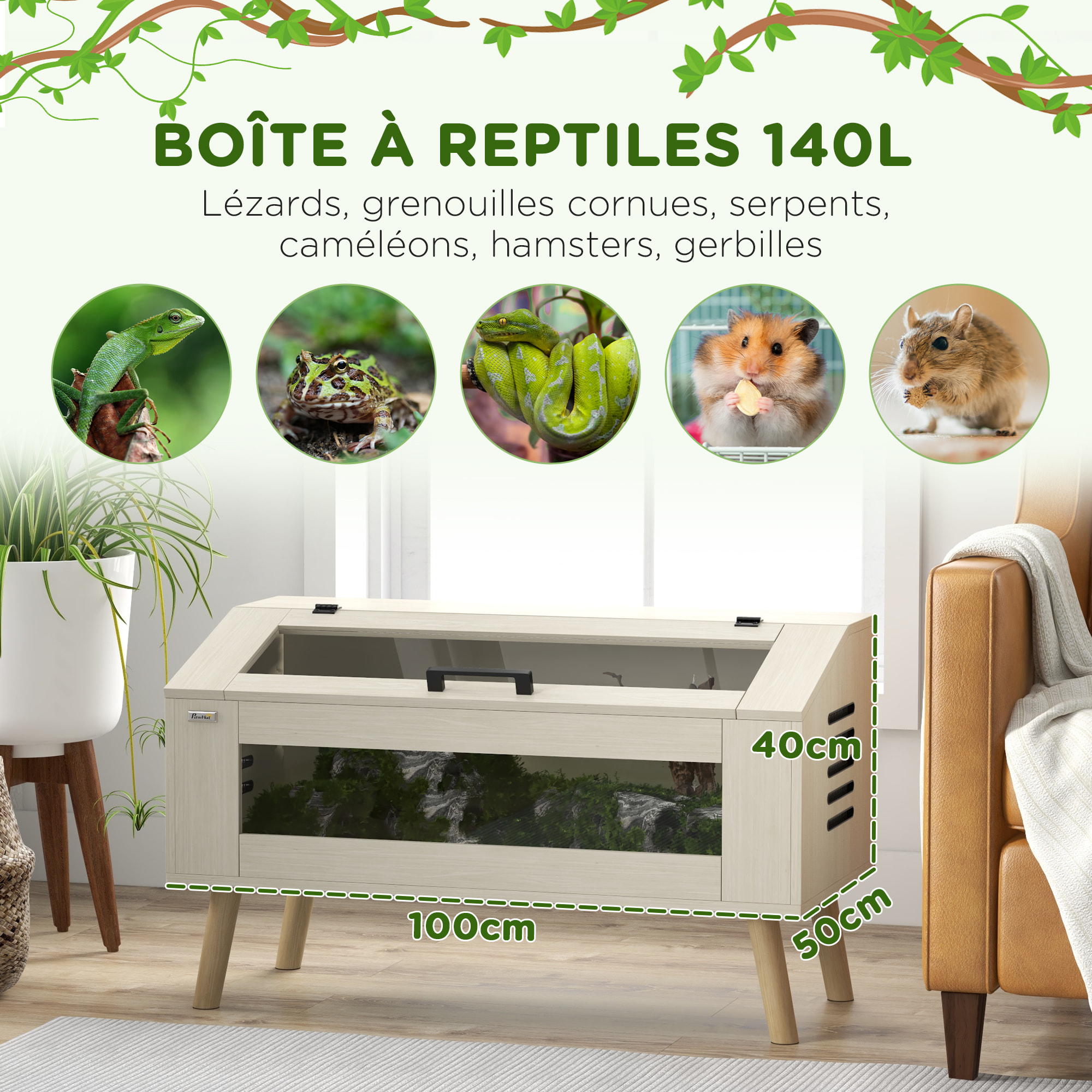 Terrarium vivarium 140L - aération latérale, fenêtres verre trempé, couvercle - bois naturel