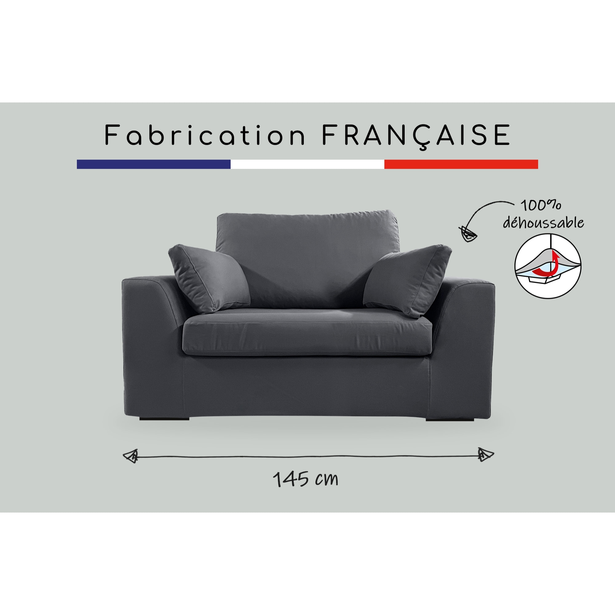 Fauteuil XL TRESSIN 145 cm fixe tissu coton Anthracite - 100% déhoussable - Fab. France