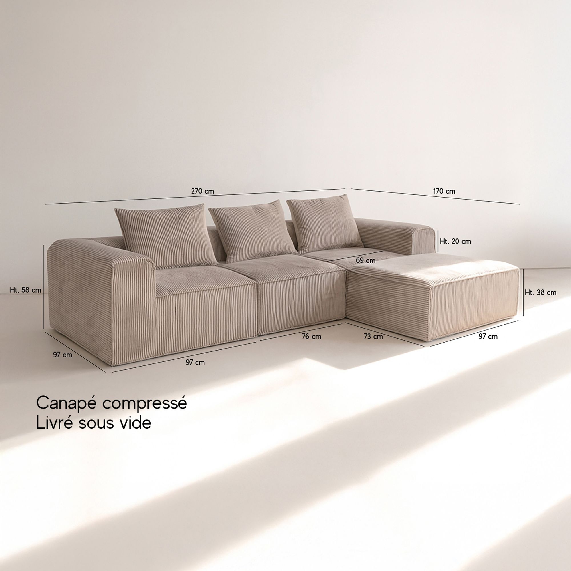 Canapé d'angle compressé en velours cotelé taupe 4 places COCOON