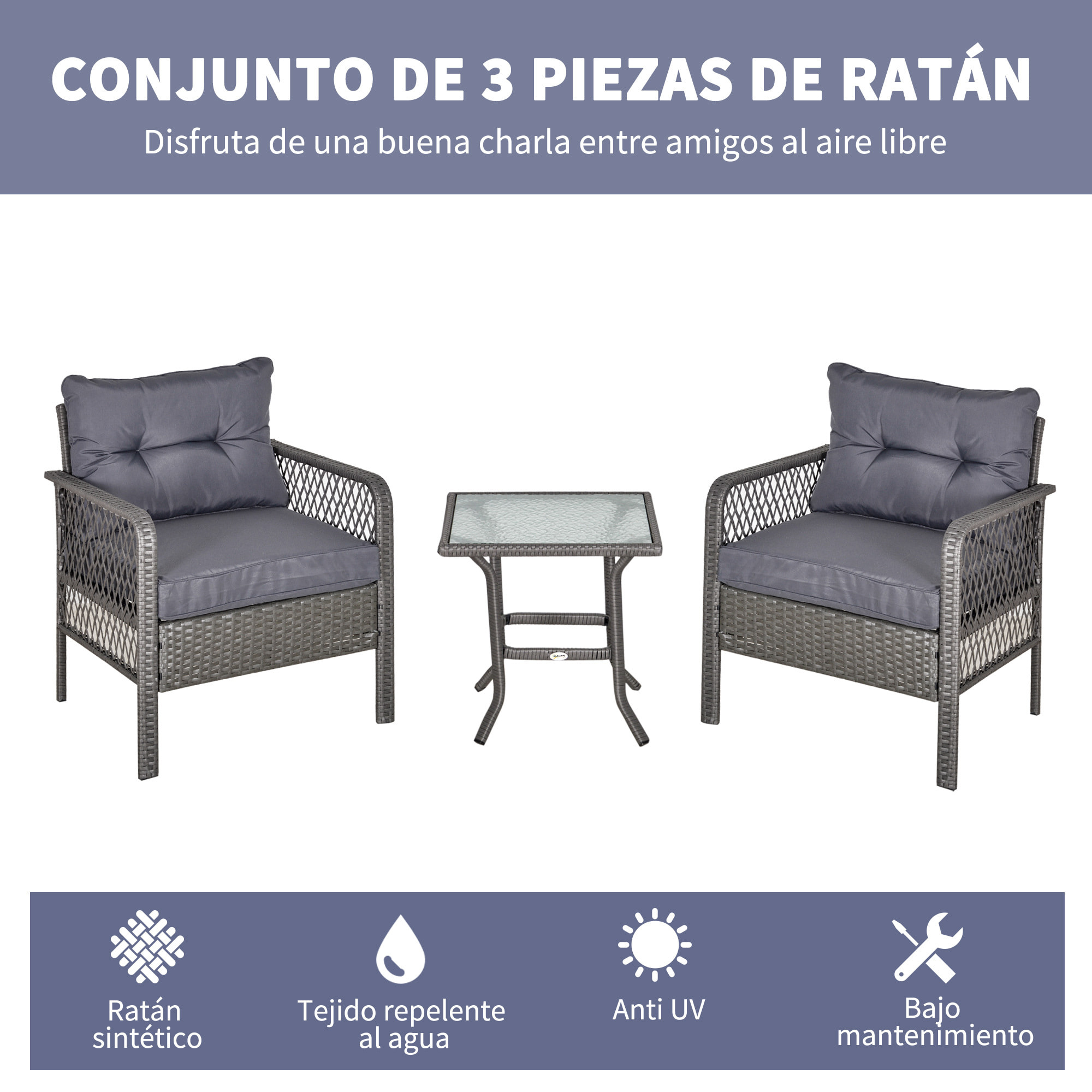 Conjunto de Muebles de Ratán Jardín 2 Sillones y 1 Mesa de Vidrio Templado Gris