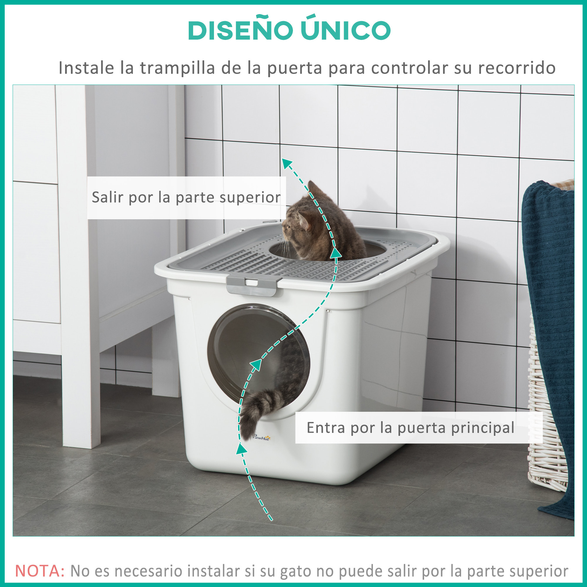 Arenero para Gatos con Pala Inodoro para Mascotas con 2 Puertas Entrada Principal y Salida Superior 44x55x39 cm Blanco y Gris