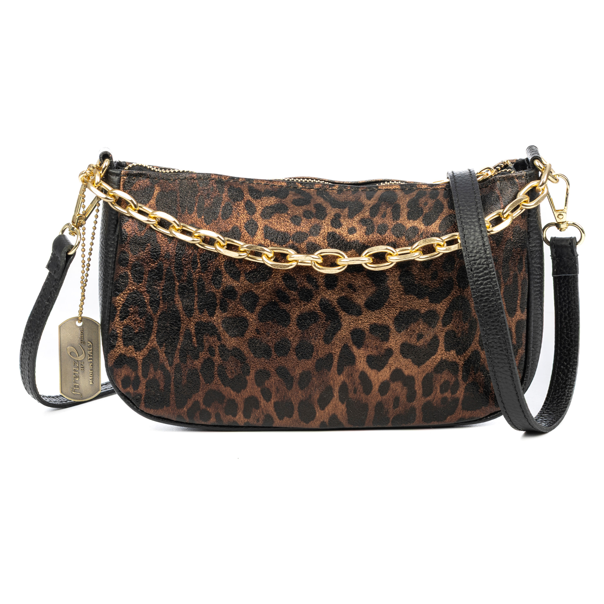 Avella borsa a tracolla donna, in pelle scamosciata lucida autentica con stampa animale leopardata, Dollaro.