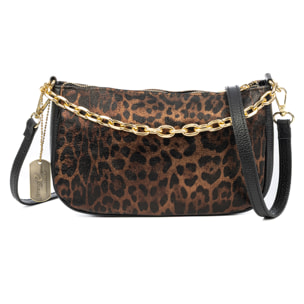 Avella borsa a tracolla donna, in pelle scamosciata lucida autentica con stampa animale leopardata, Dollaro.