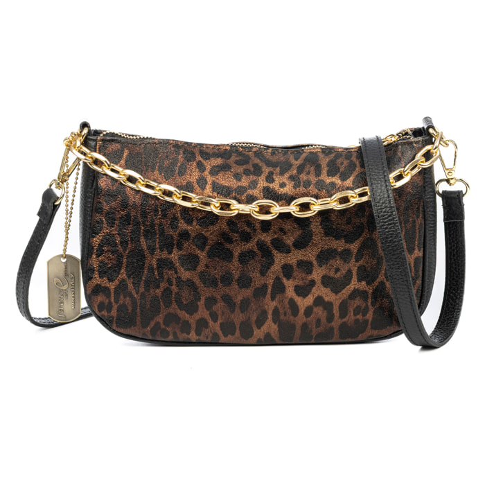 Avella borsa a tracolla donna, in pelle scamosciata lucida autentica con stampa animale leopardata, Dollaro.