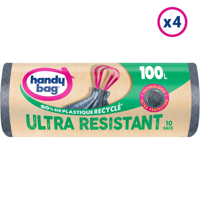 4x10 Sacs Poubelle 100L à poignées coulissantes Ultra Résistant Handy-Bag - 80% de plastique recyclé