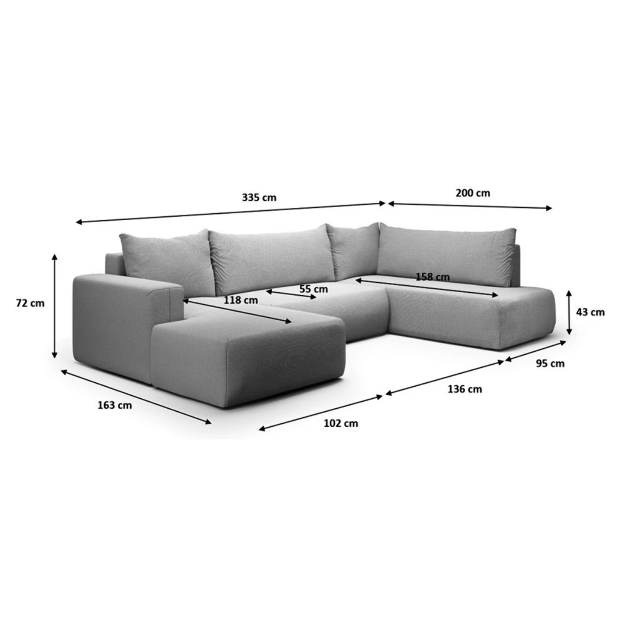 NALA - Canapé panoramique droit 5 places en tissu gris clair