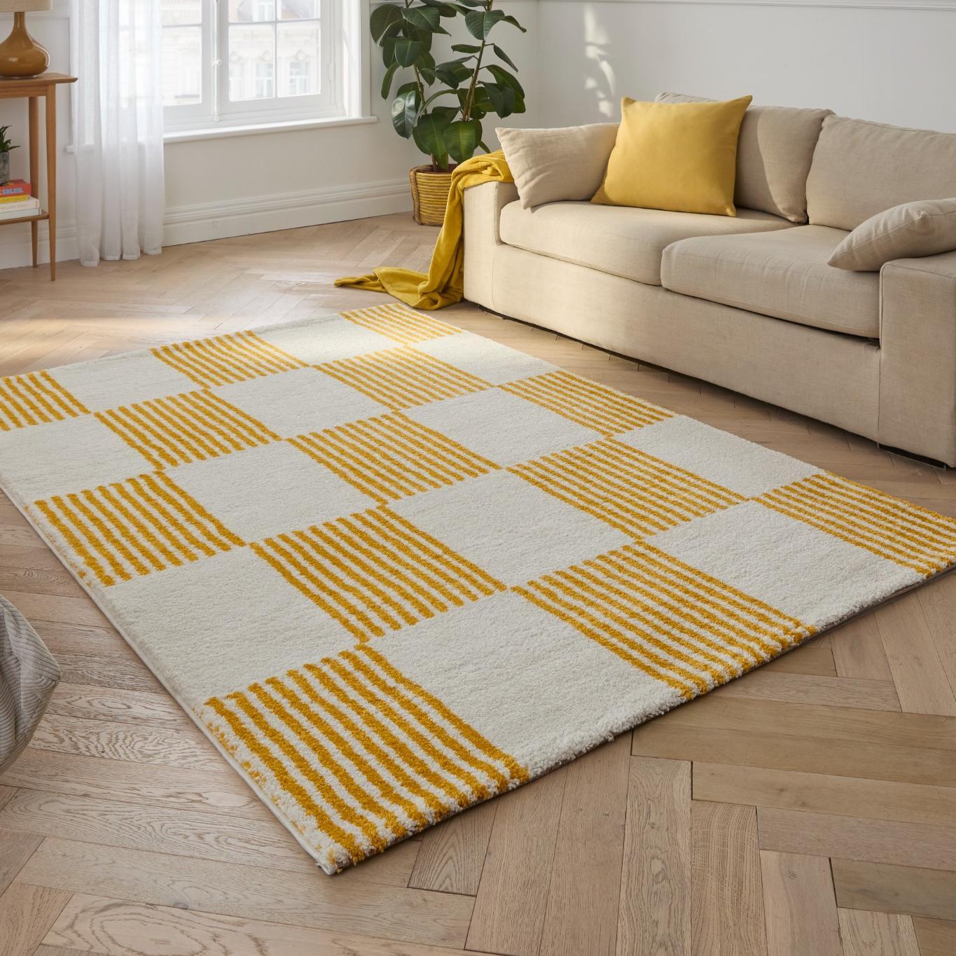 GROOVY - Tapis rétro coloré style seventies - Confortable et moelleux - Jaune