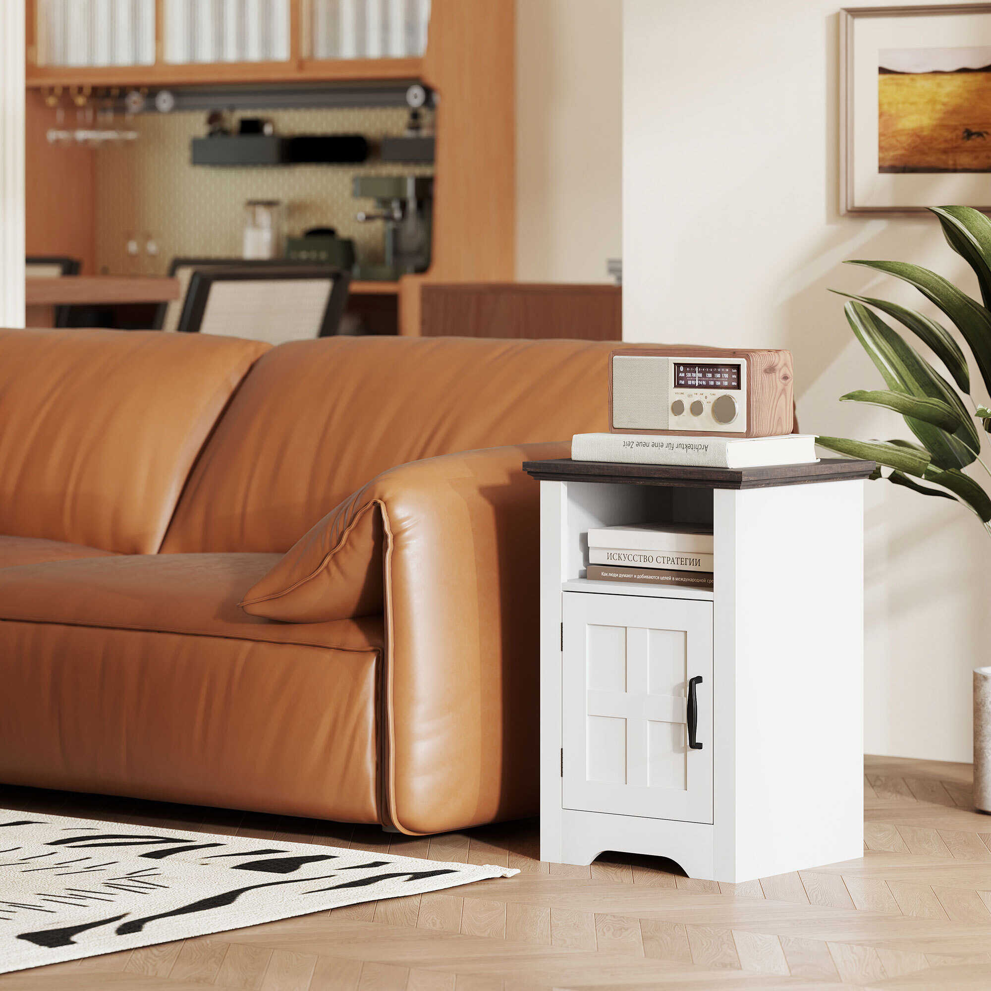 Juego de 2 Mesas Auxiliares para Salón Mesitas de Noche con Puerta Estilo Granero y Estante Abierto Mesas de Centro Pequeñas Rústicas para Dormitorio 40x35x60 cm Blanco