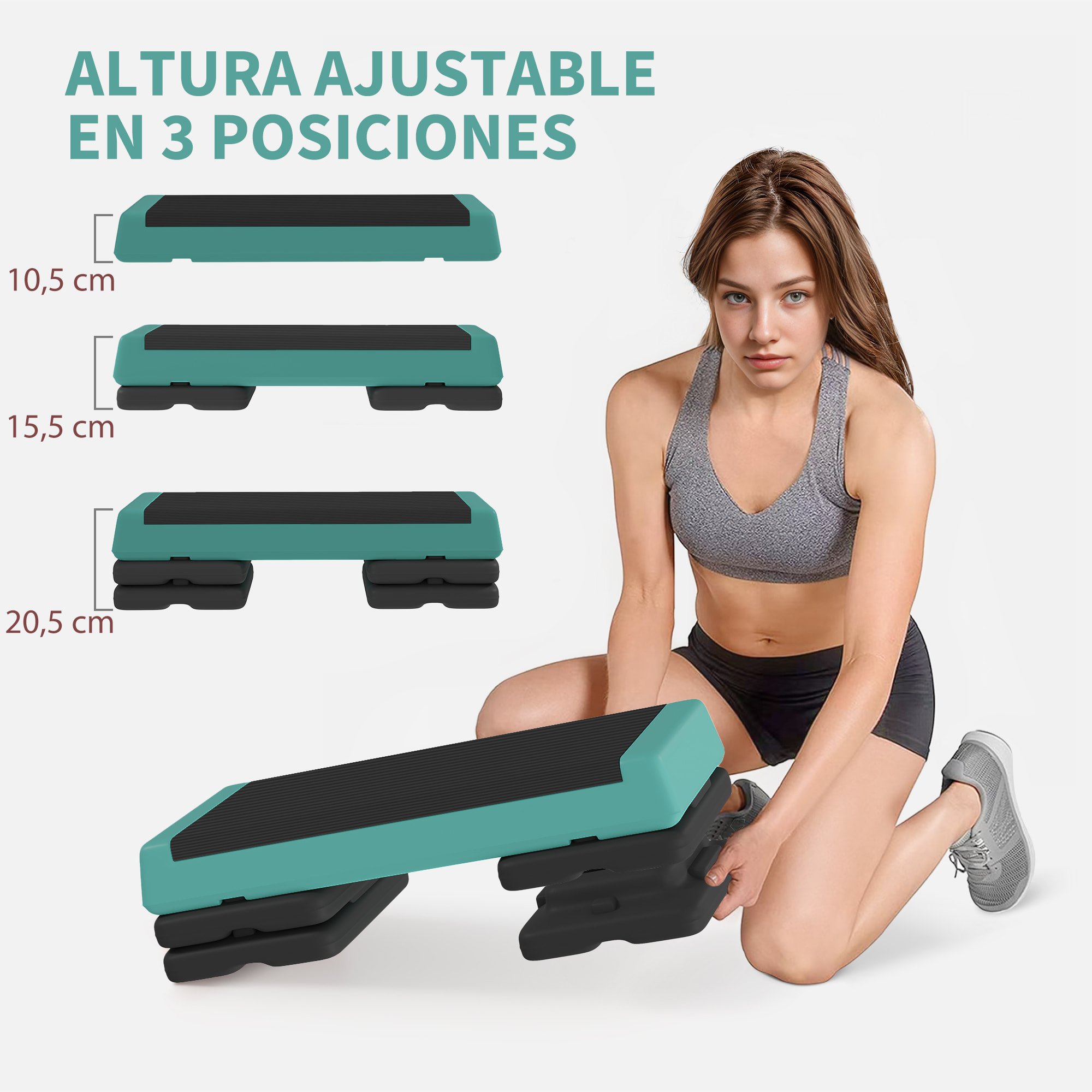 Step de Aeróbic, Step para Fitness Antideslizante, Altura Regulable 3 Niveles de 10,5/15,5/20,5 cm, Carga 250 kg, para Ejercicio en Casa, Gimnasio, 77x36x20,5 cm, Verde y Negro