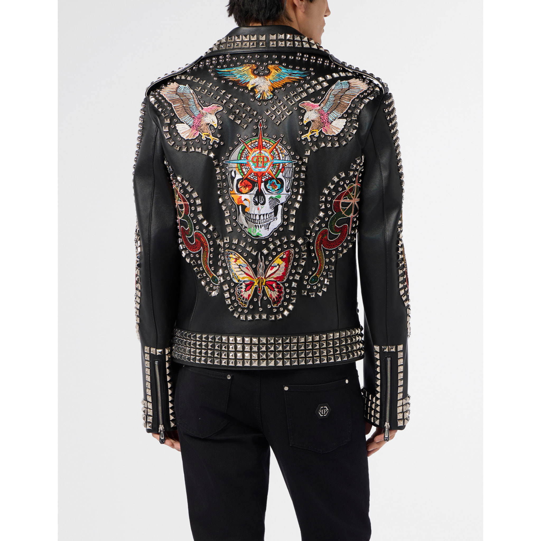 PHILIPP PLEIN Vintage Leather Biker Jacket Studs & Patches