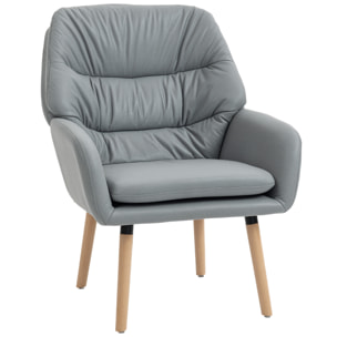 Sillón de Salón Moderno, Butaca de Salón, Acolchado de Doble Capa, Tapizado en Cuero Sintético, Patas de Madera, Sillón de Lectura para Dormitorio, Oficina, Estudio, 68x74x89 cm, Gris