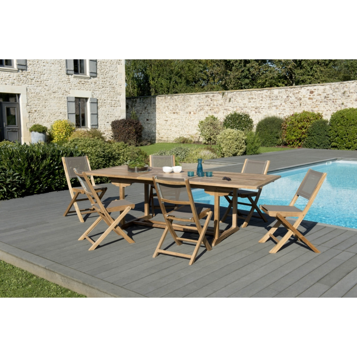 HARRIS - SALON DE JARDIN EN BOIS TECK 8/10 pers - 1 Table rectangulaire extensible 180/240*100 cm et 6 chaises taupe