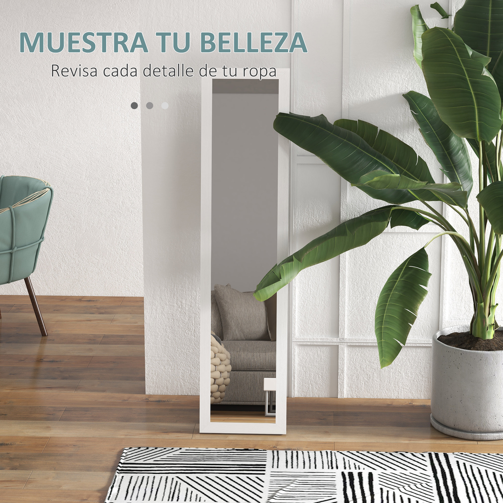 Espejo de Cuerpo Entero 37x155 cm Espejo de Pie Espejo de Pared Forma Rectangular con Marco de Madera Decorativo para Salón Dormitorio Pasillo Blanco