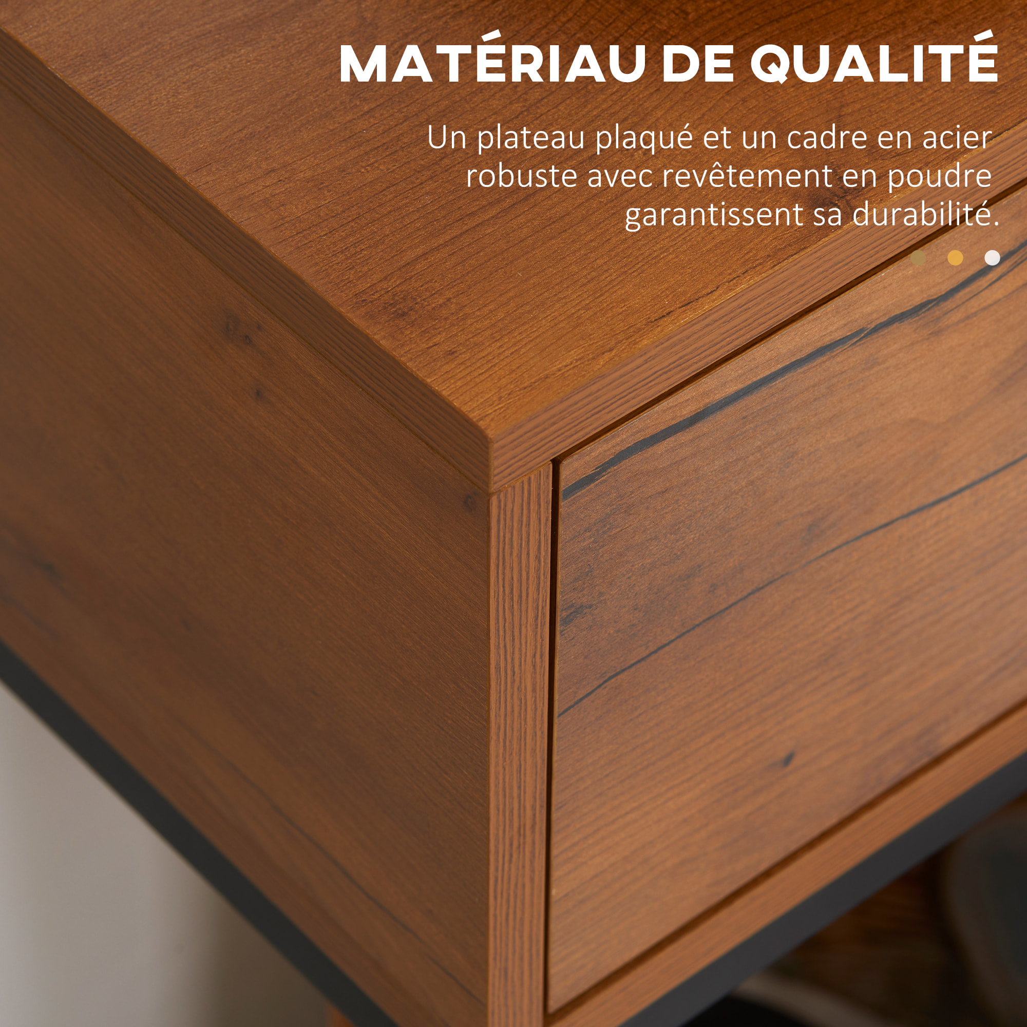Console design - grand tiroir - dim. 80 x 30 x 76 cm - acier noir effet bois noyer