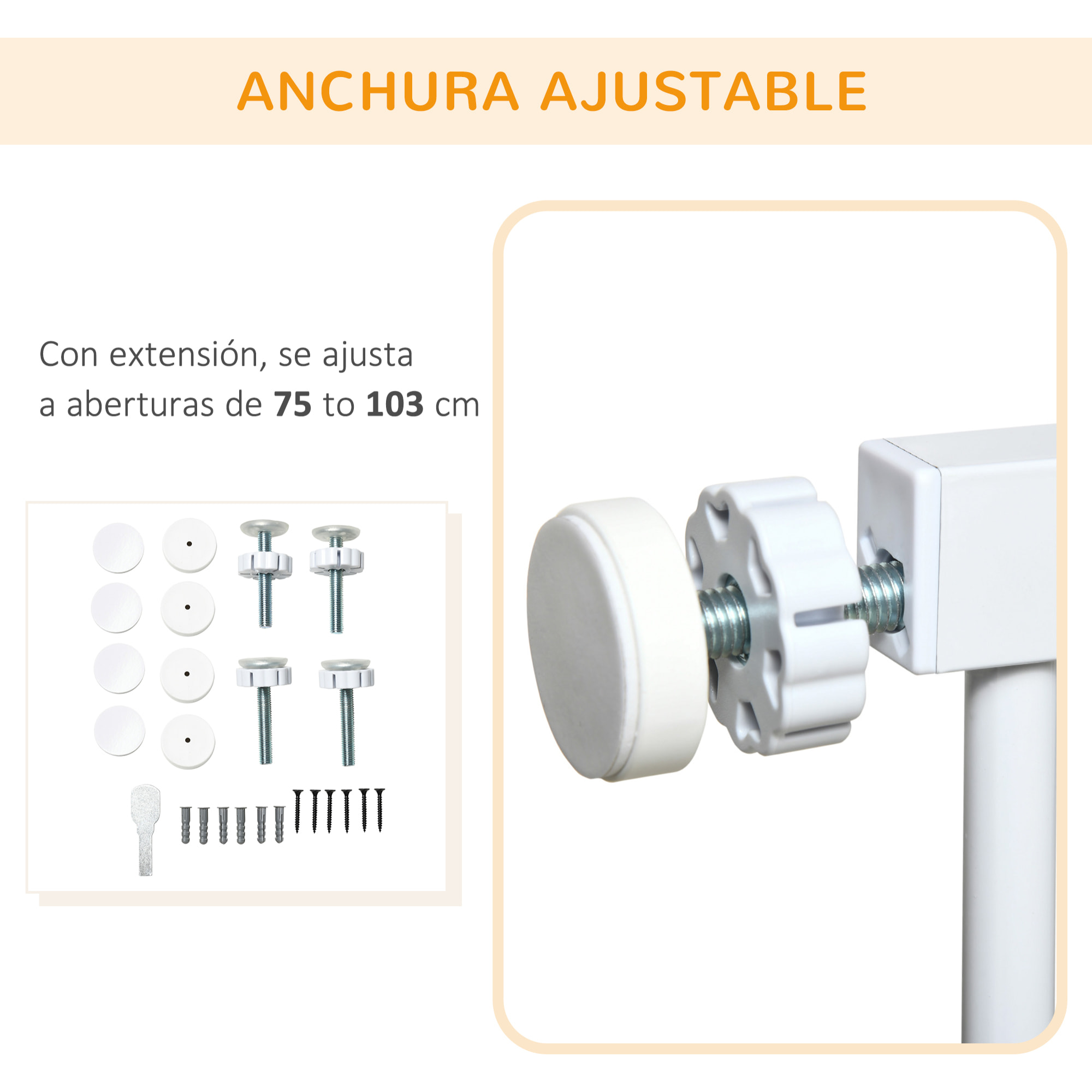 Barrera de Seguridad para Perros Extensible 75-103 cm Barrera para Escalera Puerta con 2 Extensiones Doble Bloqueo Cierre Automático Blanco