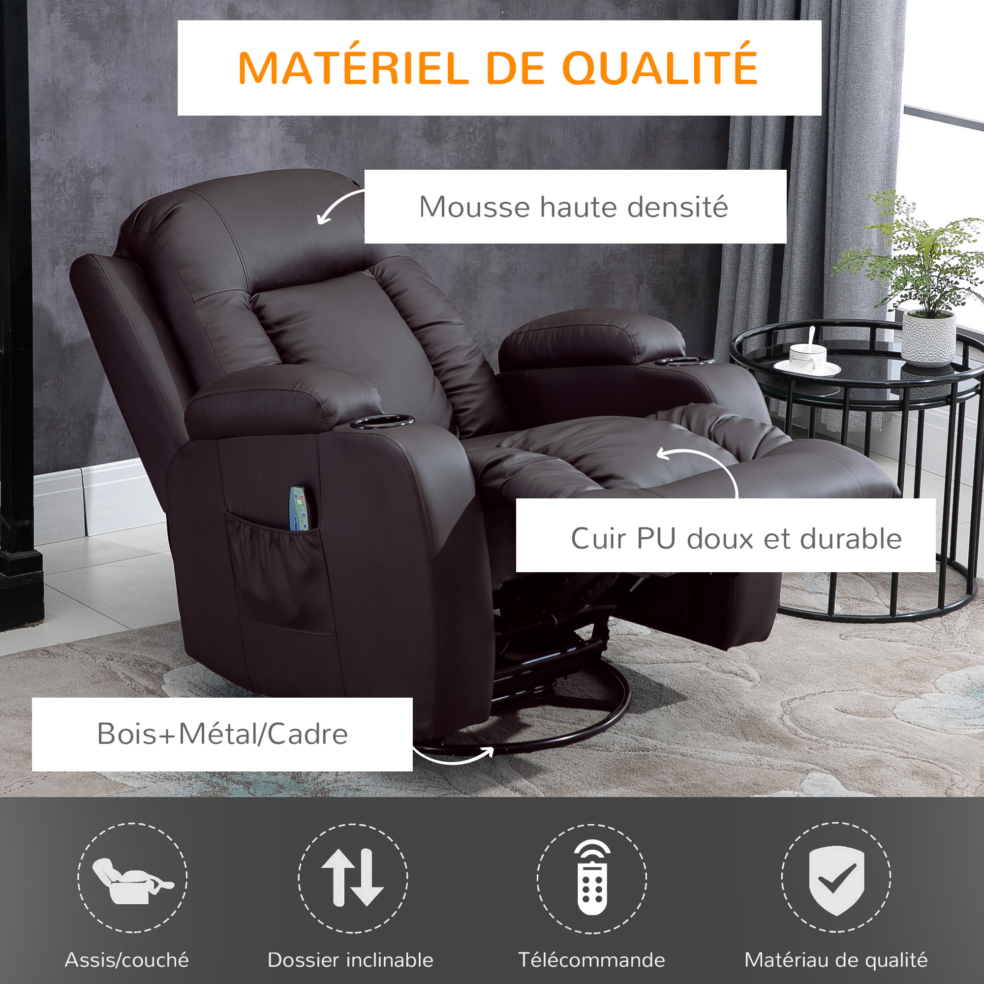 Fauteuil de massage et relaxation électrique chauffant inclinable manuellement repose-pied télécommande chocolat